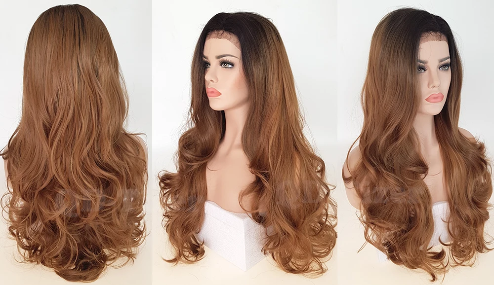 QD-Tizer Blonde Ombre Hair Body Wavy Synthetic Lace Front Wigs Glueless Free Part Wavy Hair Lace Wigs for Black Women6