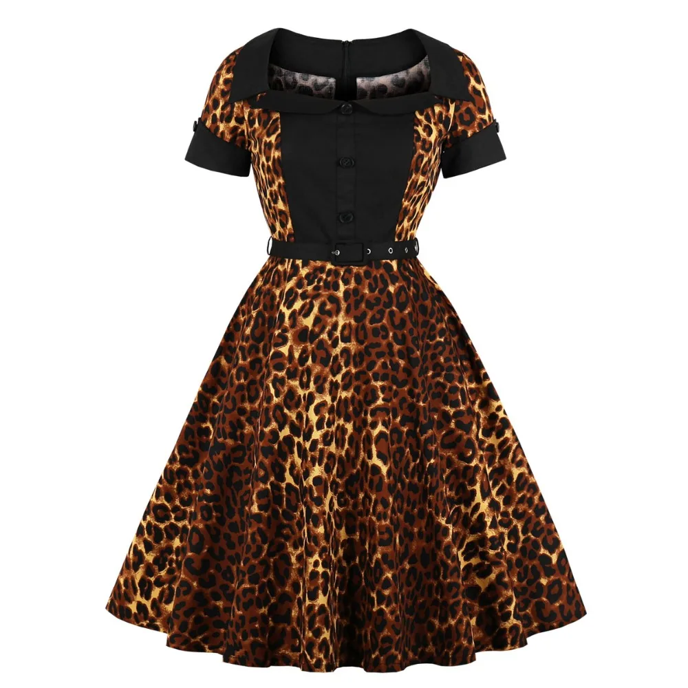 

Women Fashion Party Pinup Swing Dresses Collared Leopard Print Midi Vestido Swing 50 60 60s Robe 1950s Retro Vintage Dress