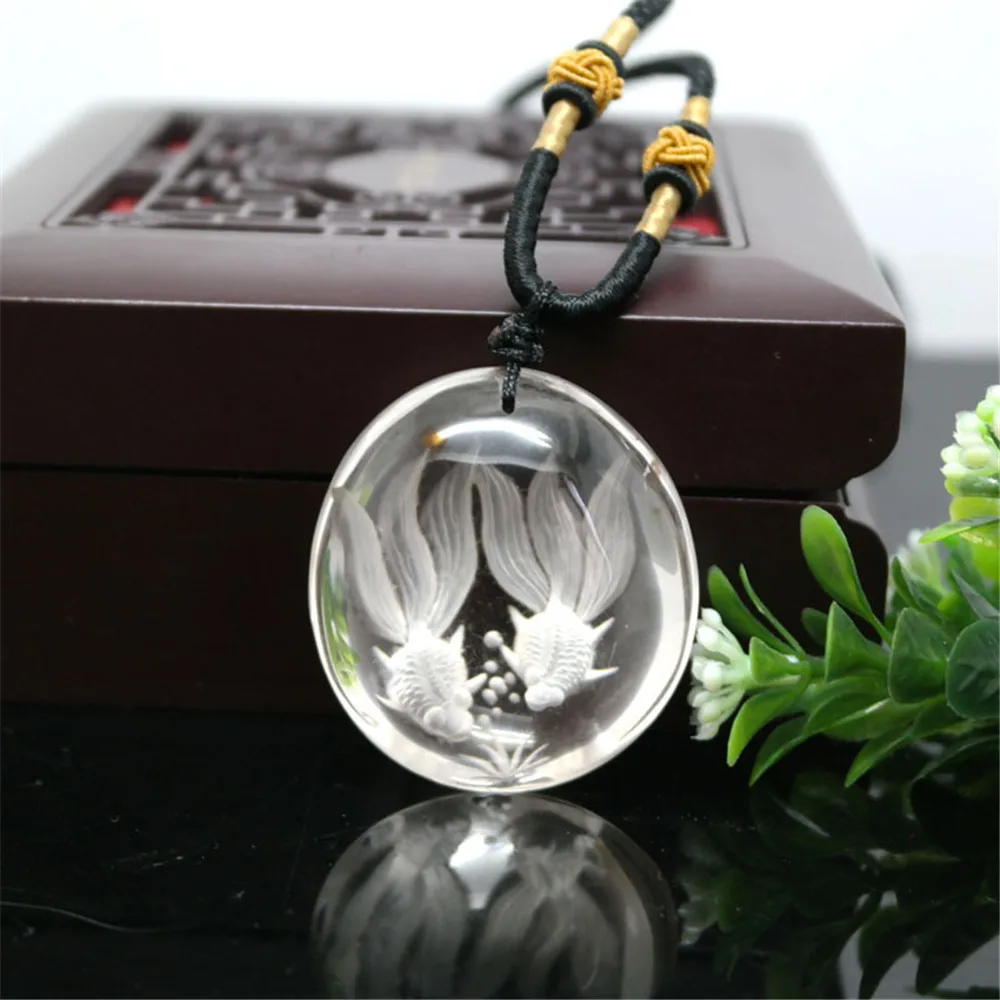 

AAA Natural White Crystal Hand Carved Goldfish Pendant Necklace Exquisite Fishes Sweater Chain Reiki Crystal Women Jewelry Gift