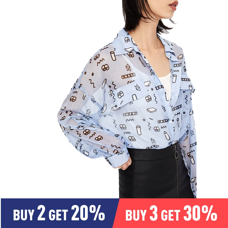 

Toyouth Summer 2019 Women Blouse Fashion Doodle Print Long Sleeve Polo Neck Blouse Female Casual Chiffon Long Blouses