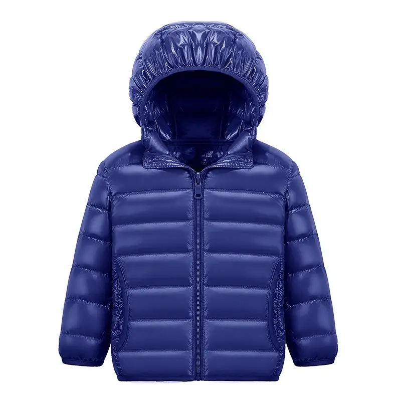 Детские пуховики г. Новые детские зимние куртки с капюшоном на 90% белом утином пуху для мальчиков и девочек, ультра-светильник, портативное зимнее пальто - Цвет: Navy blue