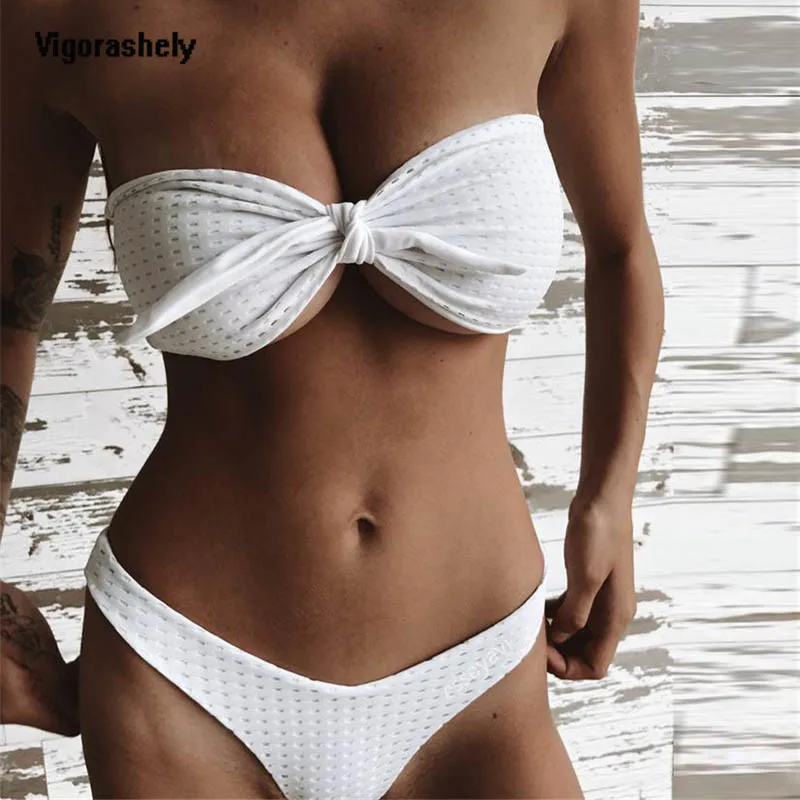 

Vigorashely 2019 Sexy White Bandeau Bikini Thong Swimsuit Push UP Swimwear Women Strapless Tied Bikini Bathing Suit Swim Wear