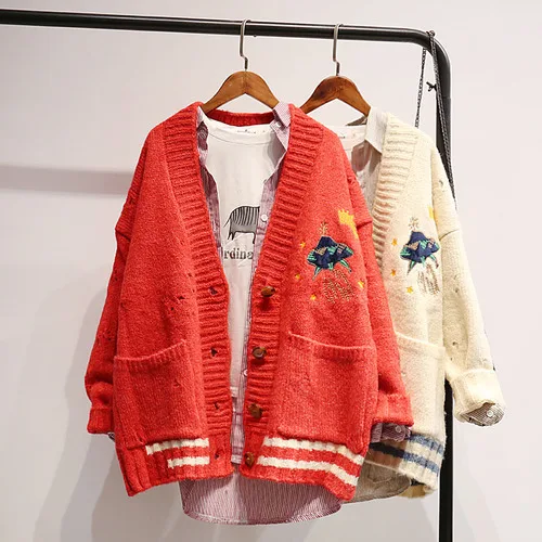 Осень-зима, женский свитер, кардиганы с мультяшной вышивкой, пончо, однобортный вязаный свитер, Harajuku, Топ - Цвет: red