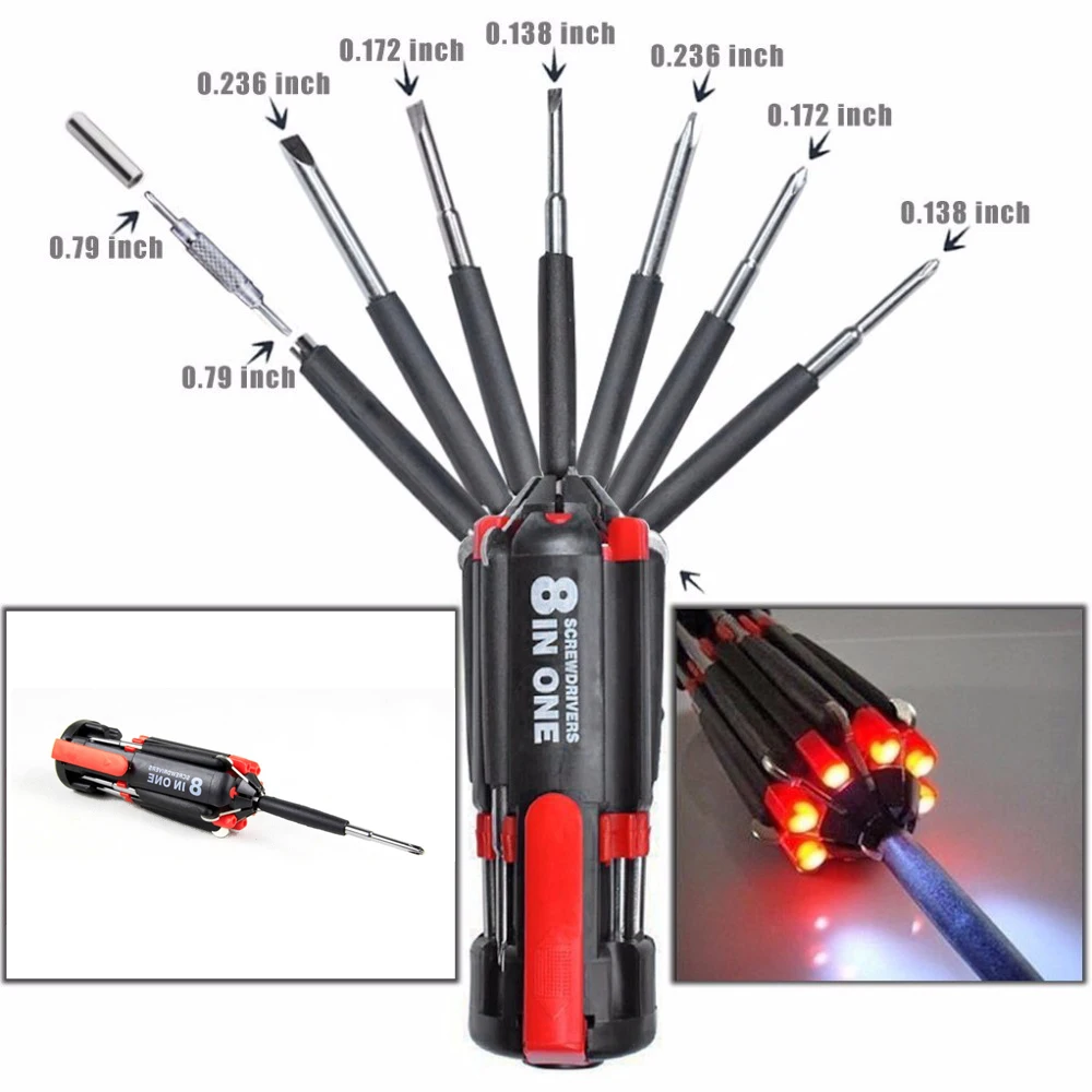 8In1 Multi Purpose Universal Screwdrivers LED Torch Light Up Repair Precision Household MiNi