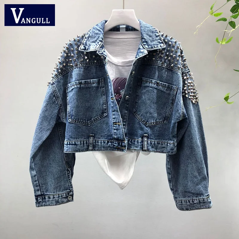 VANGULL женская джинсовая куртка с заклепками 2019 Весенняя уличная одежда длинным