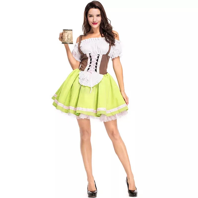 

Adult Women Oktoberfest Wench Costume Bavaria Fancy Short Green Strap Dress Dirndl Clothing Cold Shoulder Outfit For Lady M-3XL