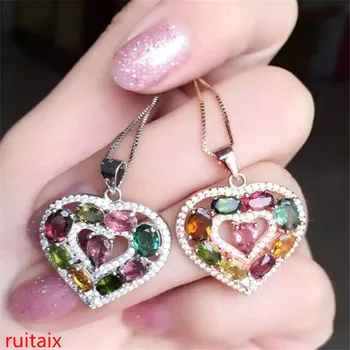 

KJJEAXCMY boutique jewels S925 silver natural tourmaline heart pendant set jewelry wholesale gift box necklace.