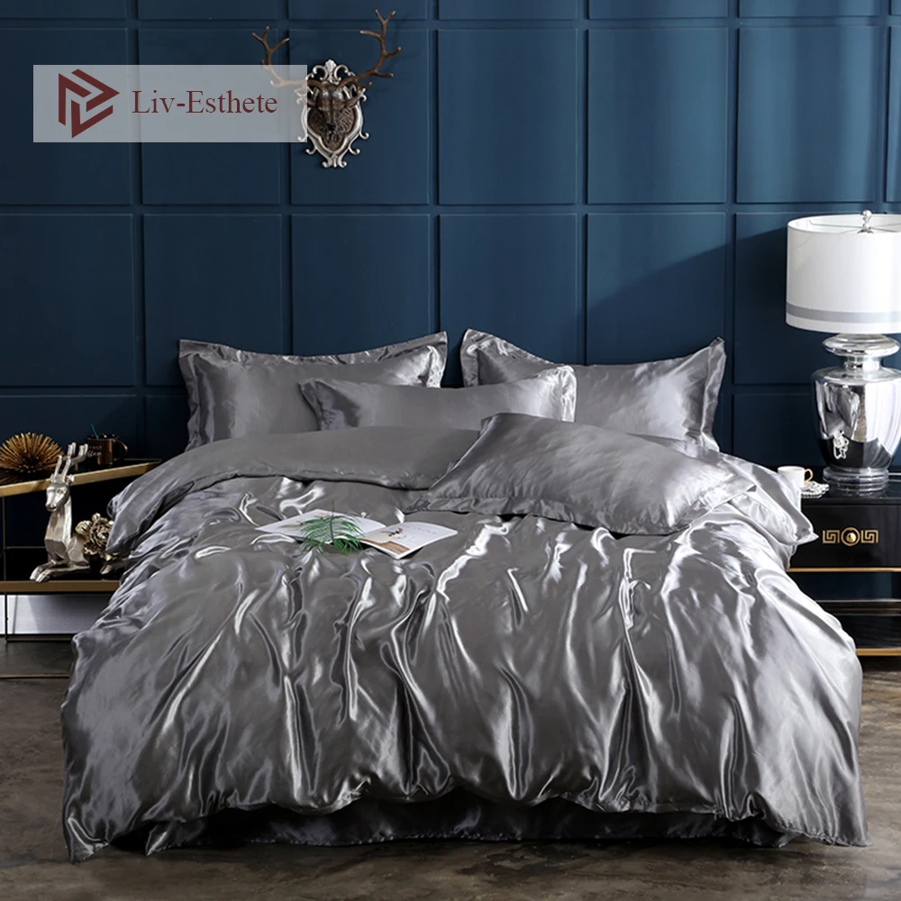 

Liv-Esthete Luxury Silver Gray Silk Bedding Set Silky Duvet Cover Flat Sheet Pillowcase Double Queen King Bed Linen Wholesale