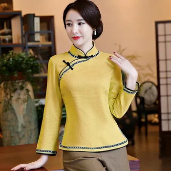 

Vintage Chinese Women Cotton Linen Shirt Handmade Button Blouse Classic Long Sleeve Tang Clothes Top Flower Size S M L XL XXL