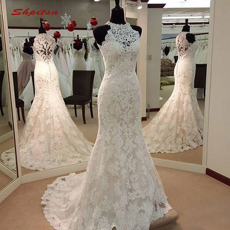 

Sexy Lace Mermaid Wedding Dresses Vintage Halter Plus Size Bride Bridal Weding Weeding Dresses Wedding Gowns 2019