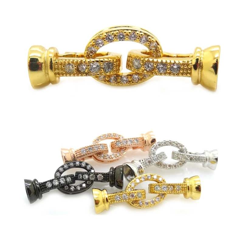 

18K Gold Plated Flat Oval Beads With Micro Pave CZ Cubic Zirconia Fold Over Watch Band Clasps For Gem Stone Jewelry Making