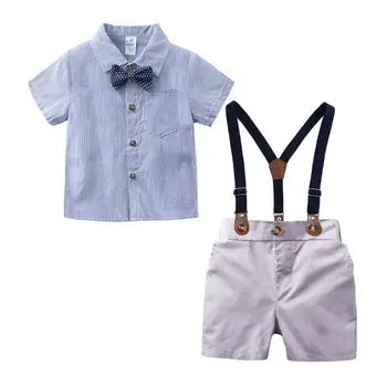 

2019 New Baby Boy Summer Clothesblue Short-sleeved Striped shirt+Belt Pants Trousers+Bowtie Boy's Gentleman Kids Children Suit