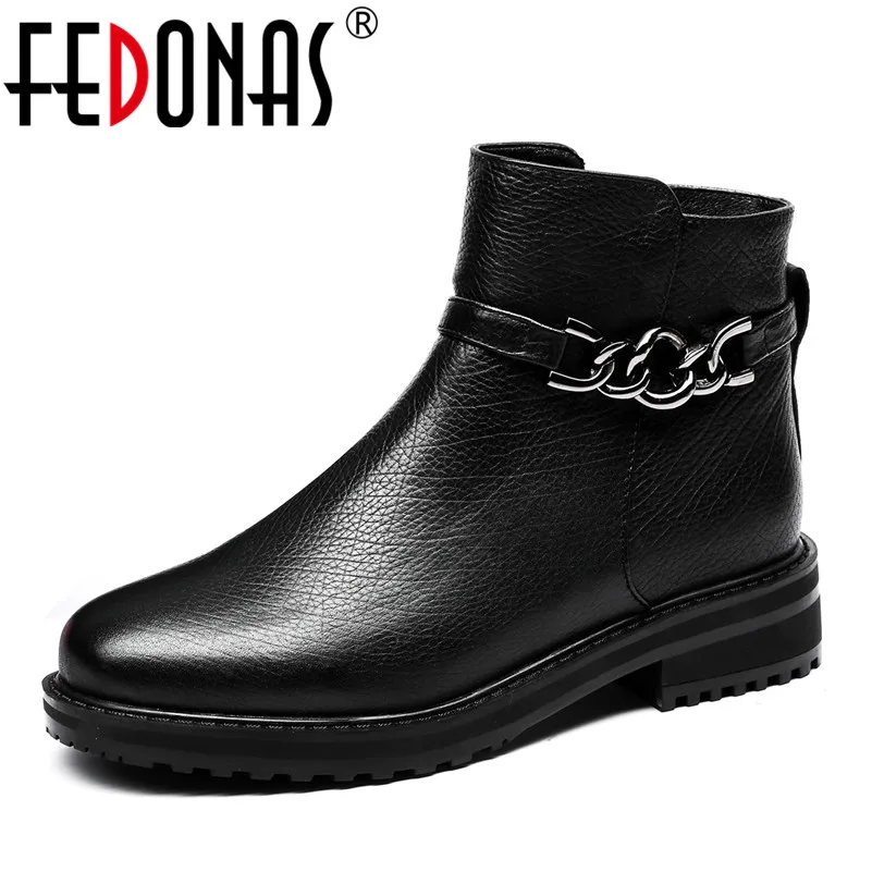 

FEDONAS Punk Black Women Ankle Boots Genuine Leather Round Toe High Heels Motorcycle Boots Ladies Warm Short Party Club Pumps