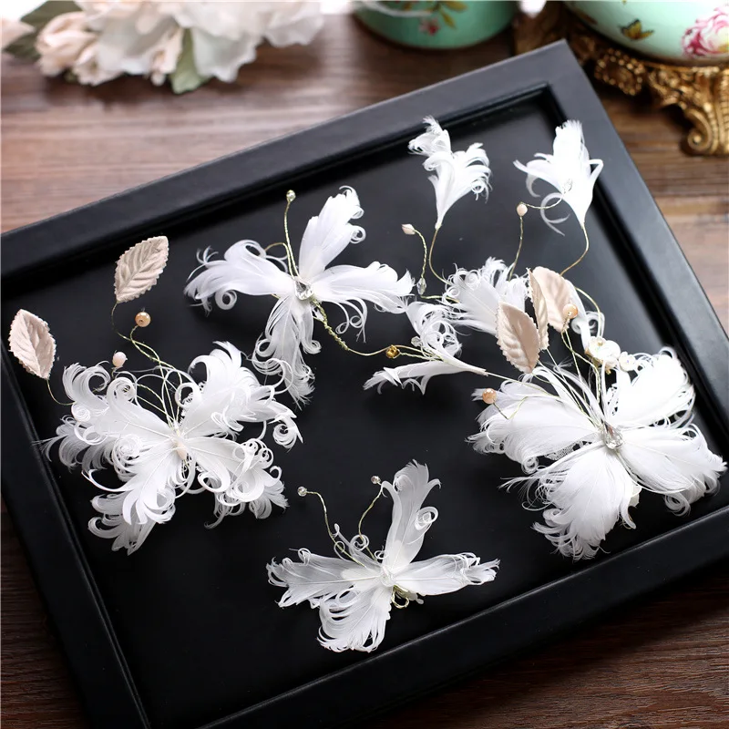 

Super fairy white feather butterfly hairclip bride hair ornaments suit sweet flower handmade headdress wedding hair accessories