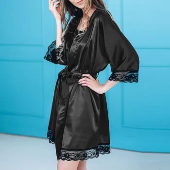 

Women Sexy badjas Black Silk Satin Kimono Robe Lace Lingerie Bodydoll Sleepwear Belt Bath Robe Lady Nightwear Plus Size bathrobe