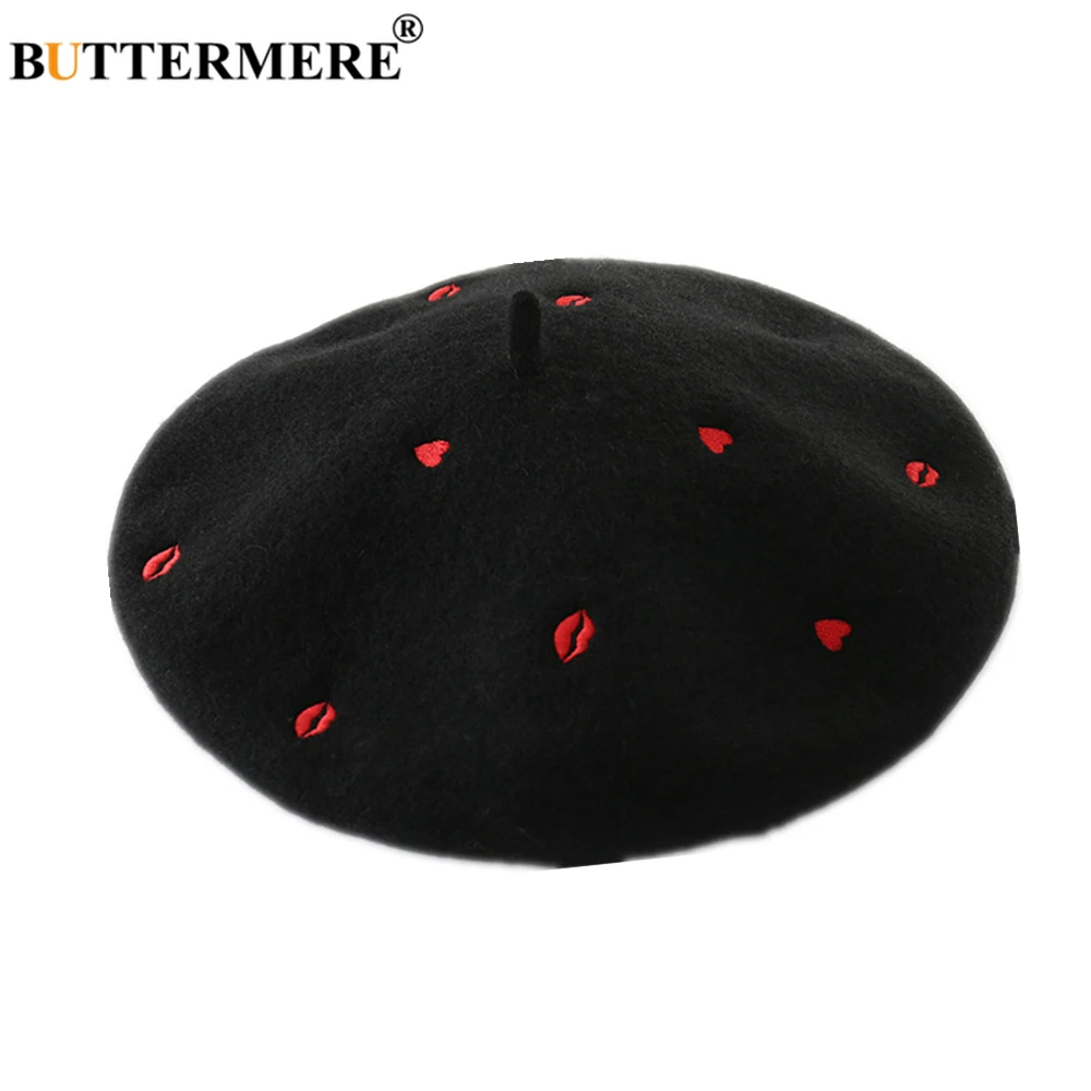 

BUTTERMERE White Wool Beret Women Black Hat Red Heart Lip Embroidery High Fashion Ladies French Beret Artist Hats for Women