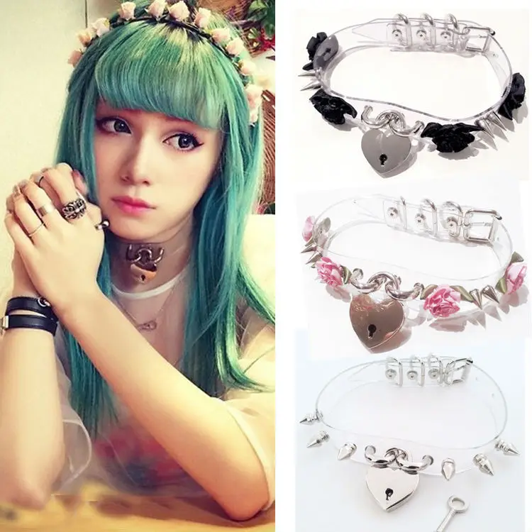

Kawaii Clear Rose Spiked Heart Choker, Double Spikes Clear Safe Heart Choker Flower Locket Key Collar Necklace