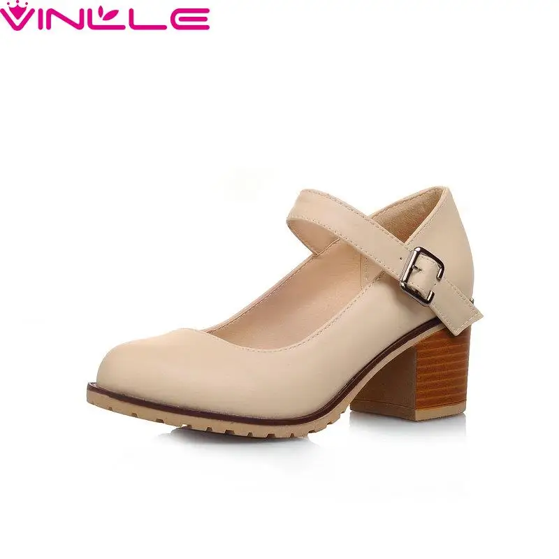 

VINLLE Round Toe New Miss Shoes,Square High Heel PU leather Concise Fashion Spring Autumn Women Pumps Shoes Size 34-43 Apricot