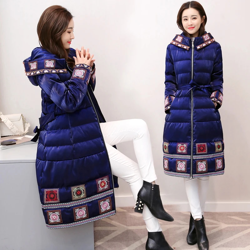 

2018 Winter New Women's Coat Fashional and Elegant Chinese National Embroidery Long Warmly Parkas For Ladys Puls Size, A228