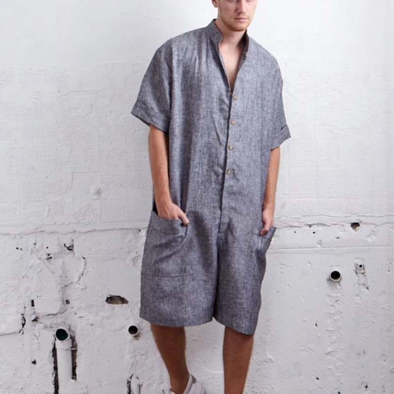 

MJARTORIA Summer Loose Men Rompers Cotton Half Sleeve Button Pants Vintage Casual Solid Men Cargo Overalls Jumpsuit Trousers Men