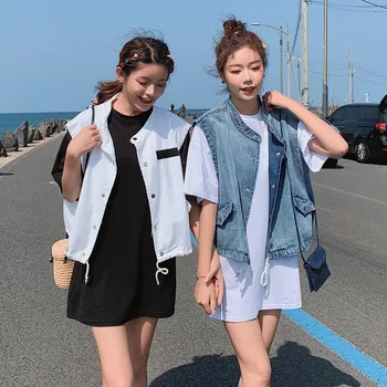 

Fashion Casual Two-piece Trend Korean Women's Solid color Short-sleeved + Casual Denim Vest High Quality Suit