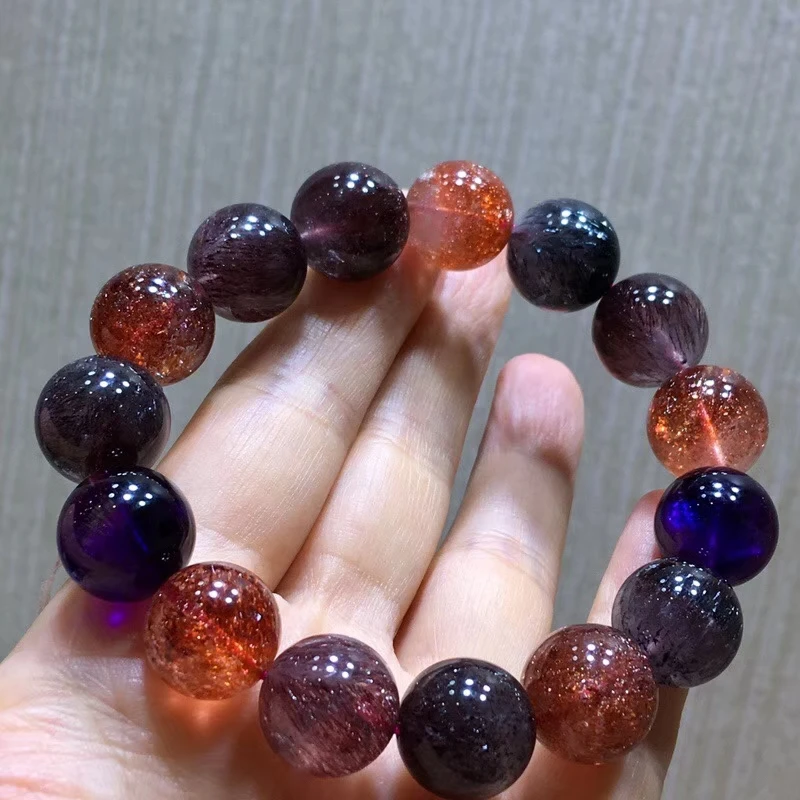 

Top Quality Natural Super Seven 7 Lepidocrocite Quartz Rutilated Crystal Bracelet 14.5mm Women Men Round Bead AAAAAA Certificate