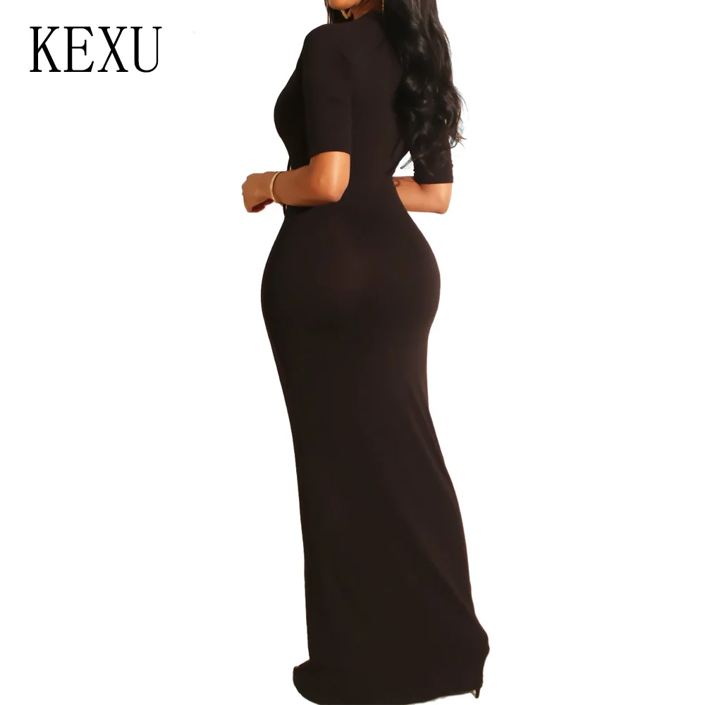 KEXU Women Autumn O Neck Half Sleeve Maxi Dress Fashion Black White Party Hollow Out Bodycon Bandage Casual Floor-length Dresss