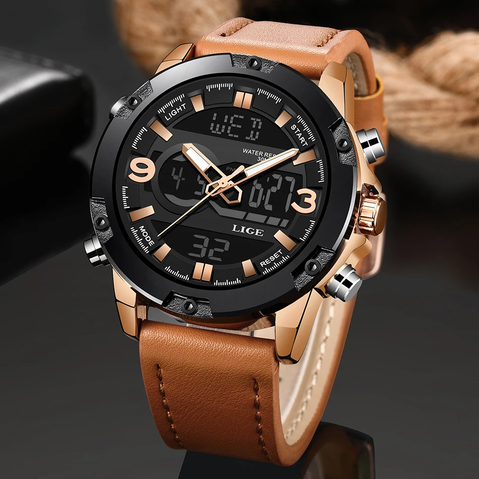 Мужские часы LIGE люксовый бренд Дата Спорт хронограф повседневные кварцевые часы мужские кожаные Аналоговые водонепроницаемые часы Relogio