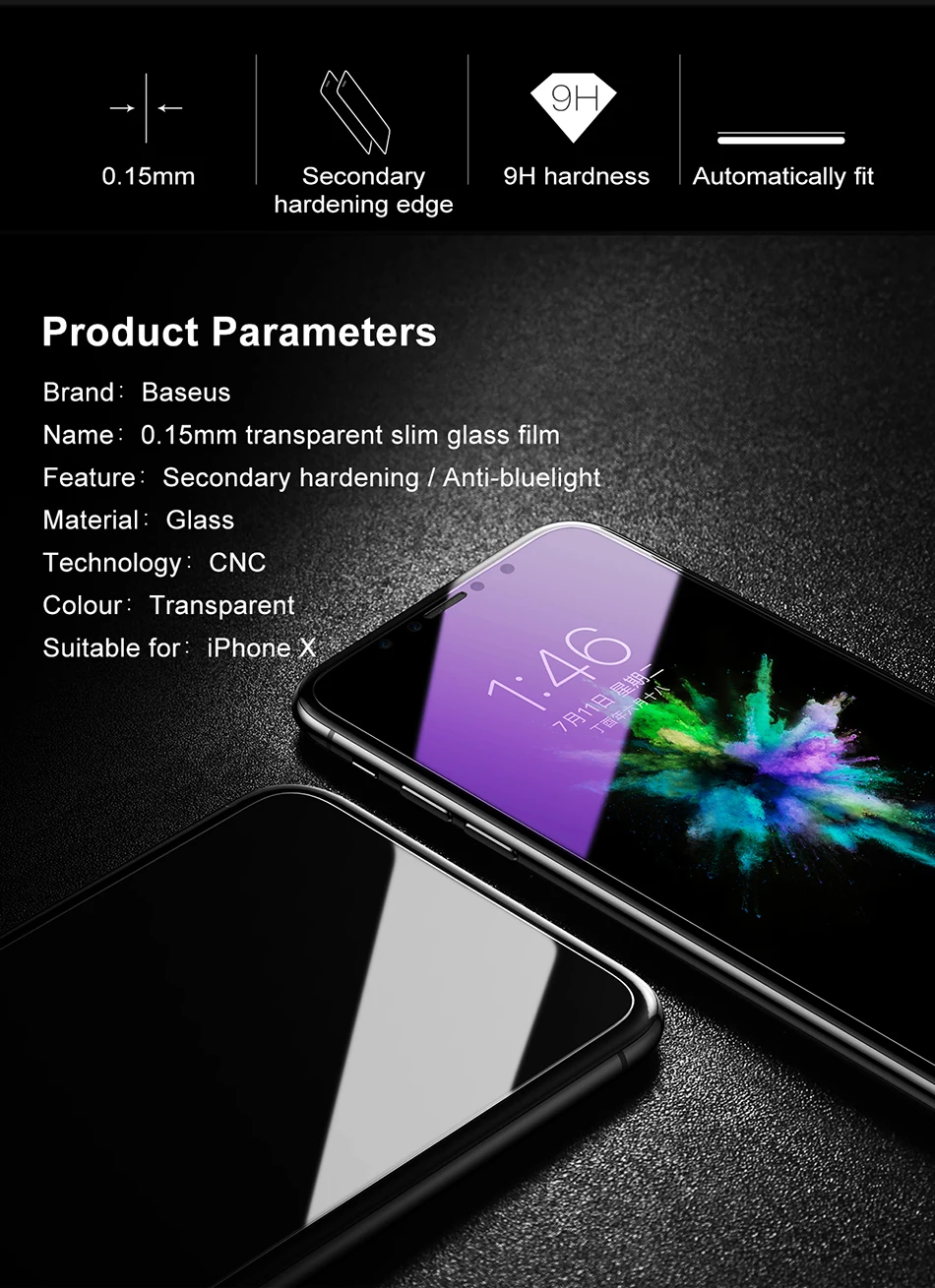 Baseus 0,15 мм протектор экрана для iPhone X закаленное стекло Ультра тонкое 9 H против царапин Защитное стекло для iPhone X Передняя пленка