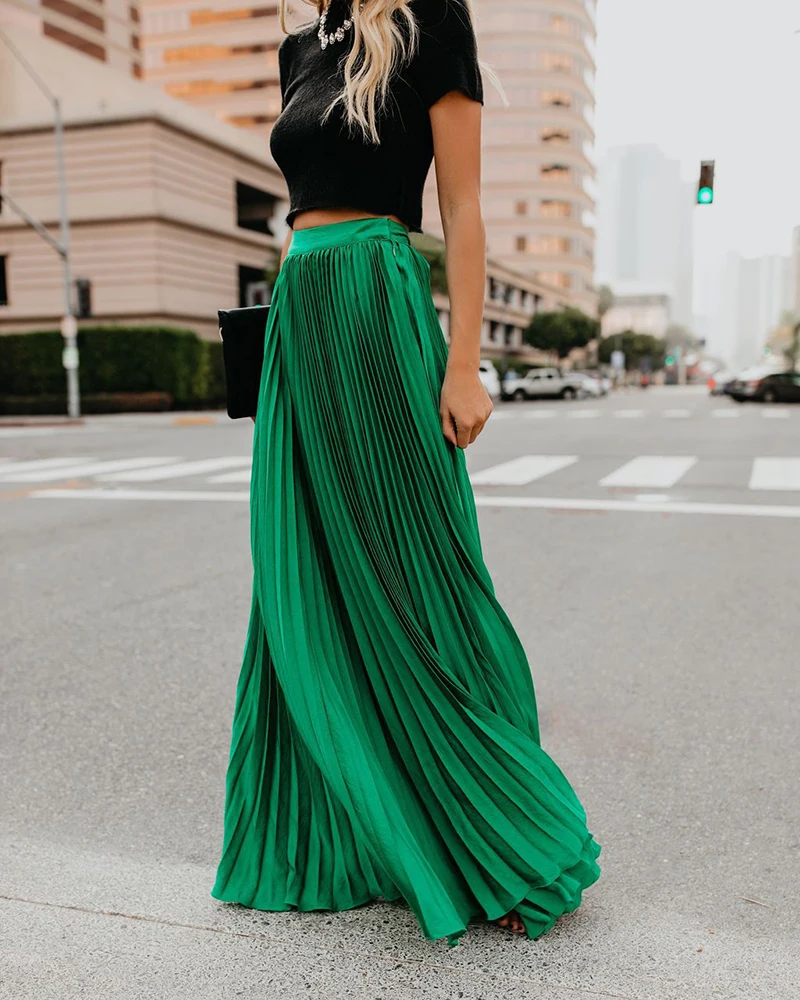 Miguofan Pleated Skirt Women High Waist Long Skirts Loose Streetwear Solid Black White Maxi Skirts Summer Jupe Femme