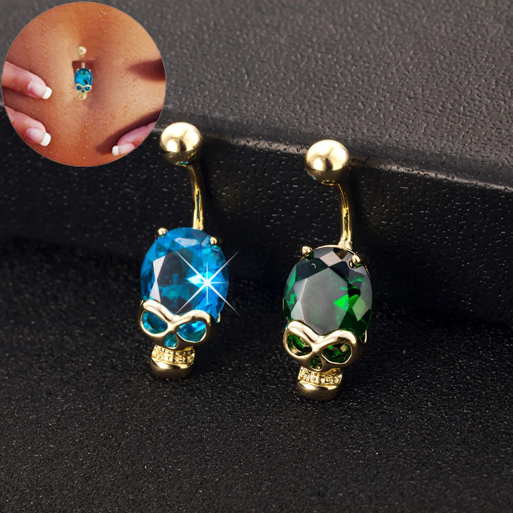 

2019 Skull Green Blue Austrian crystal Gold-Color Belly Button Rings Navel Piercing Body Jewelry Gift Navel Belly Rings