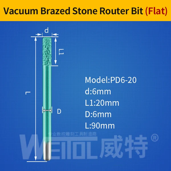 WeiTol плоская головка вакуумной пайки Камень Гравировальные биты мраморные режущие биты Долбление камень Фрезерный резак песчаник с ЧПУ Инструменты - Длина режущей кромки: PD6-20