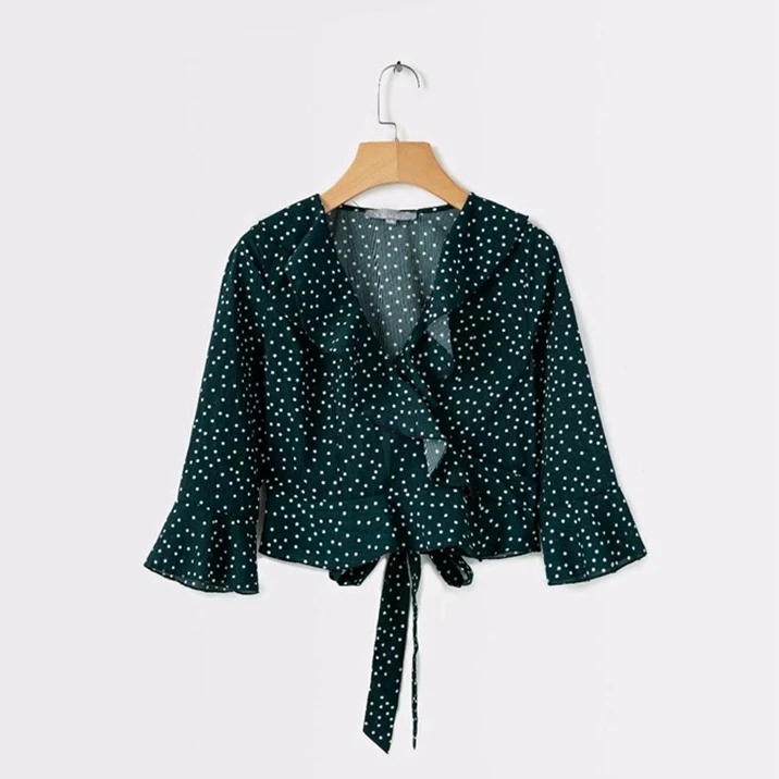  2019 Autumn blouse women cross V neck floral wrap blouses sweet ruffles buttons flare sleeve shirt 