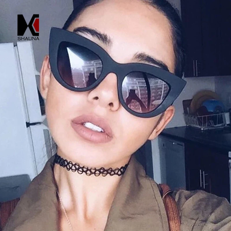 SHAUNA Classic Women Cat Eye Sunglasses Retro Ladies Black Frame Blue Reflective Lens Glasses