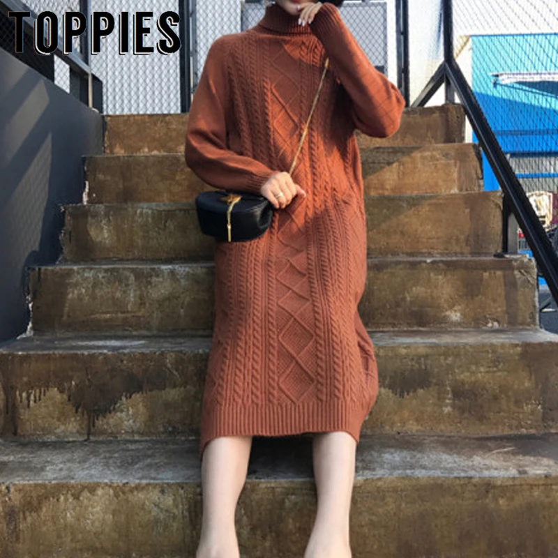 

Vintage Braided Knitted Yellow Sweater Dress 2019 Winter Long Sleeve Turtleneck Dress Women Jumpers