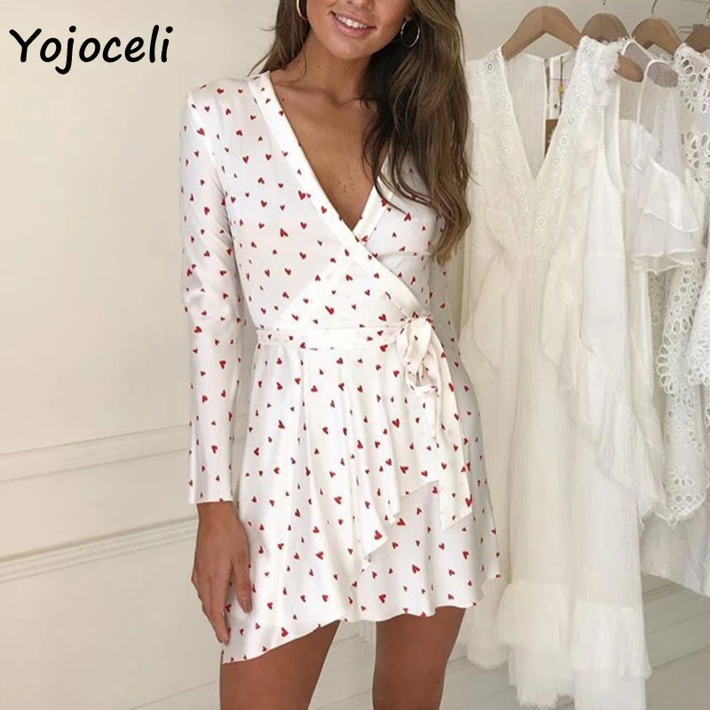 

Yojoceli 2018 cute heart print Wrap dress women autumn winter long sleeve bow party dress chic French style mini dress