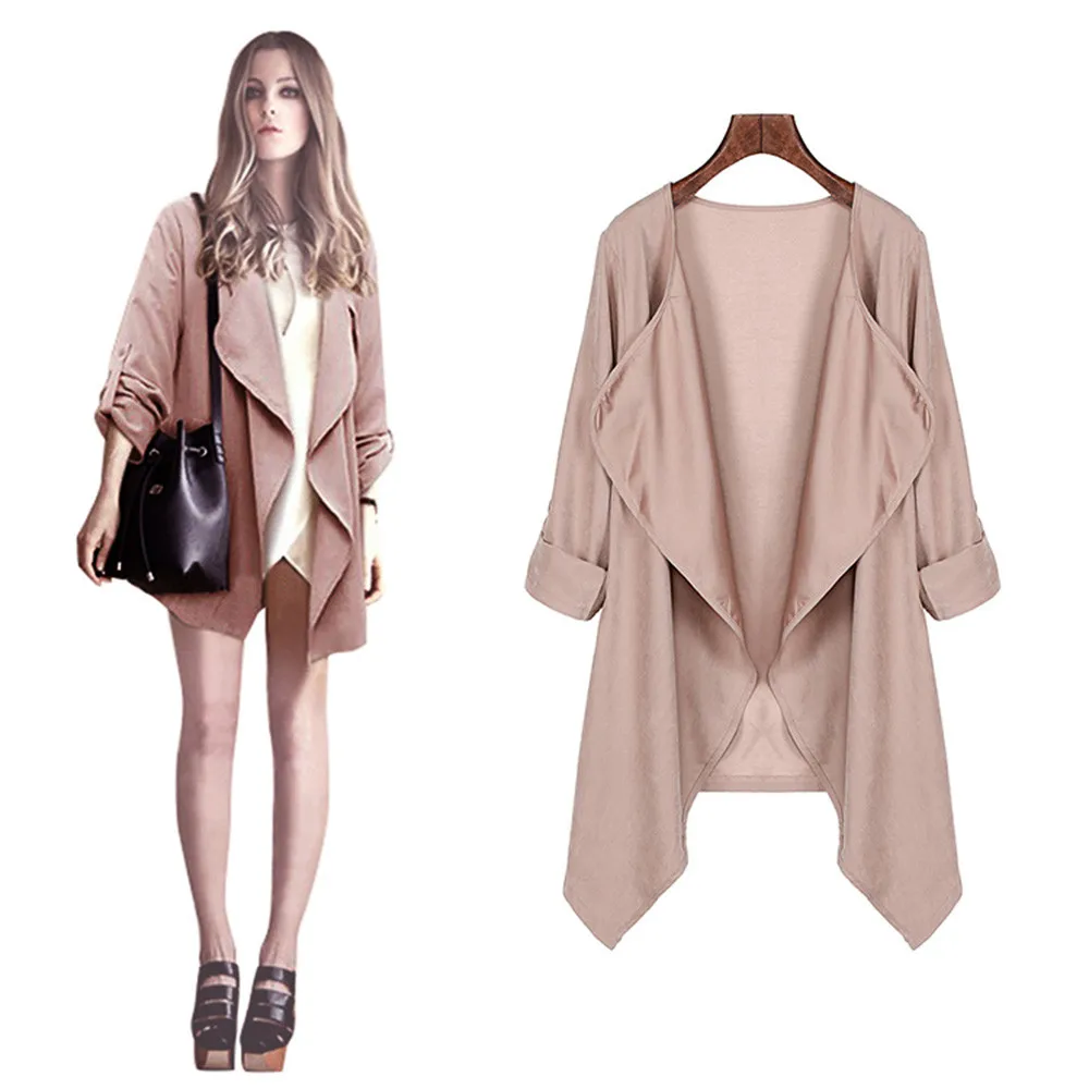 

European Style Women Fashion Waterfall Trench Coat Solid Open Front Cardigan Autumn Windbreaker Outwear Manteau Femme Plus Size