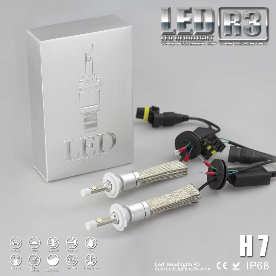 Super Bright R3 1set H7 9600lm White 6000K Car LED Headlight Conversion Lamp Kit Cree XHP-50 Chips No Fan LED Headlight