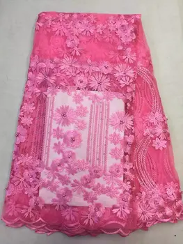 

Latest Arrival Pink African French Lace Fabric With Baeds And Stones High Quality African Tulle Lace Fabric For Wedding Dress L