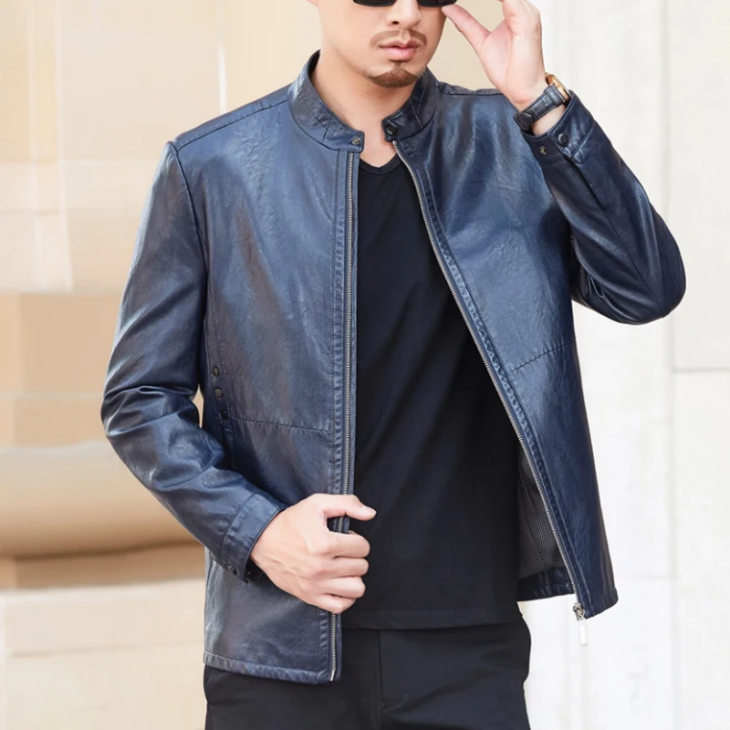 2019 New Fashion Mens Leather Jackets Short Stand Collar Slim Leather ...