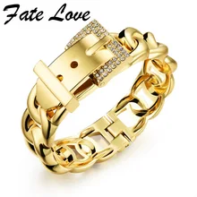 Destino Amor Punky Joyería de Las Mujeres Smooth Simplemente Chica Pulsera Chapado En Oro de 18mm de Ancho Brazalete de Cristal Pavimentado Corchetes de la Hebilla del Cinturón HD499