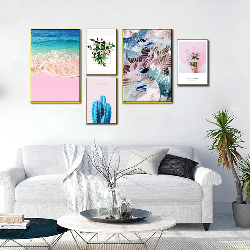 Nordic Spray Color Plant Blue Cactus Canvas Painting Flowers Pink Beach Sea Poster Modern Abstract Wall Picture Room Decoration | Дом и сад