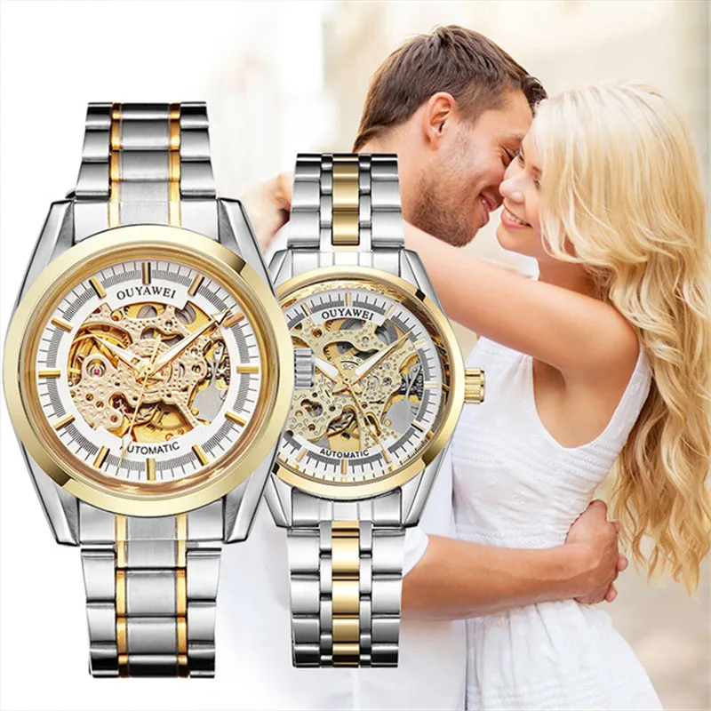 2019 OUYAWEI New Lover s Watch Couple Automatic Mechanical Wristwatch Fashion Casual Stainless Steel Gold Skeleton 2