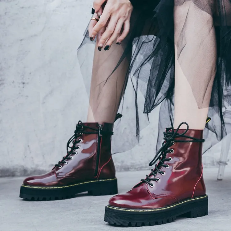 

PXELENA Thick Platform Chunky Heel Women Punk Rock Gothic Martin Boots Real Leather Lace Up Martin Knight Riding Motorcycle Boot