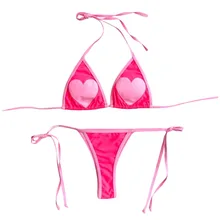 Womens Sexy Two Piece Bikini Set Halter Deep V-Neck Ruched Triangle Bra Color Block Pink Heart Embroidered Swimsuit Low Waist pink simple low cut v neck bikini top