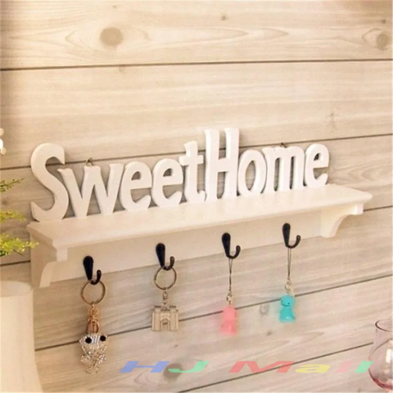 

1Pc White Sweet Home Hanger Style Wall Mounted 4 Hooks Organizer Rack Wall Hanger Decor Wooden Wall Hook Helves Hat Key Holders
