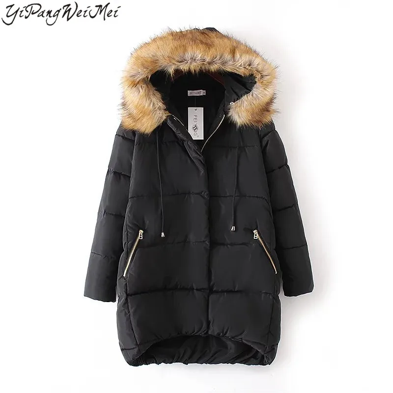 

2017 Spring Autumn Winter Women Down Coat New Fashion Plus Size XXXL 4XL Faux Fur Collar Hooded Medium Length Ladies Parkas