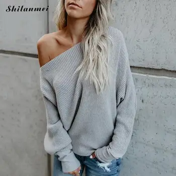 

Sexy One Shoulder Knitted Sweater Autumn Long Sleeve Women Pullover Plus Size Solid Color Winter Causal Pull Femme Jumper Tops