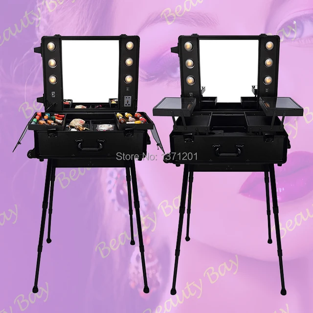 Professional black aluminum makeup case with lights, Lighted makeup