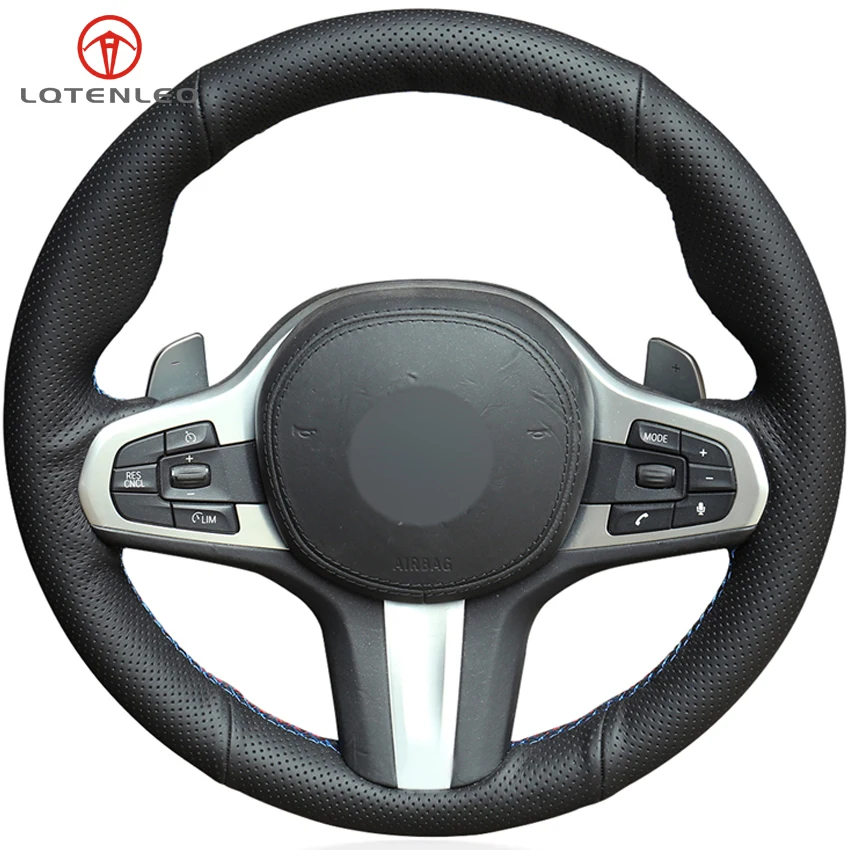 

LQTENLEO Black Genuine Leather Car Steering Wheel Cover For BMW G30 525i 530i 530d M550i M550d G32 630i 640i G11 G12 M 760Li G01